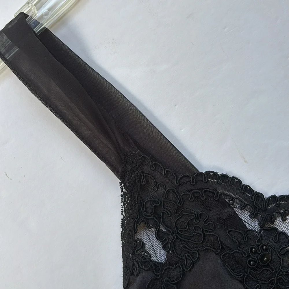 Vintage 80’s Embellished Black Lace Mini Slip Dress Goth Whimsical Fairy Medium - Picture 12 of 17